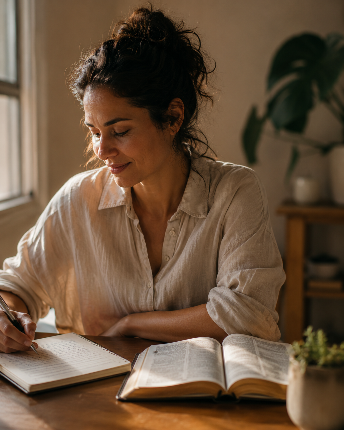 Mulher escrevendo no caderno ao lado da Bíblia aberta